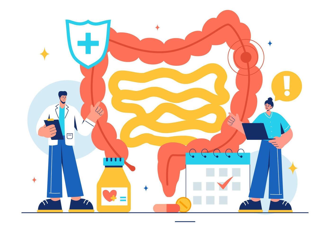 Vector Illustration of a Proctologist or Colonoscopy with a Doctor Examining the Colon and Showing Harmful Bacteria in a Flat Style Cartoon Background