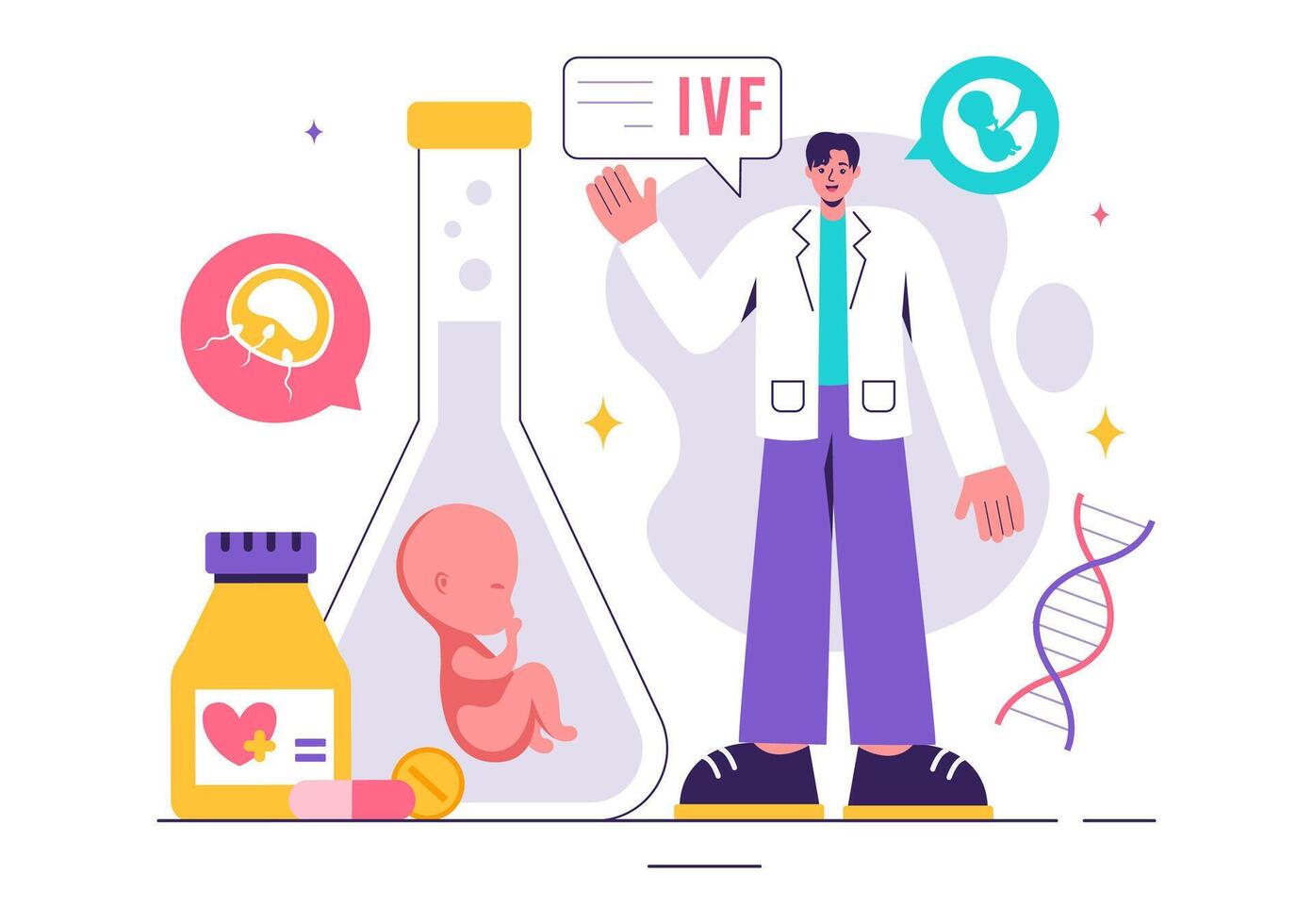IVF or In Vitro Fertilization Vector Illustration for Artificial Insemination, Focusing on Pregnancy and Doctors' Research of Fertilized Eggs