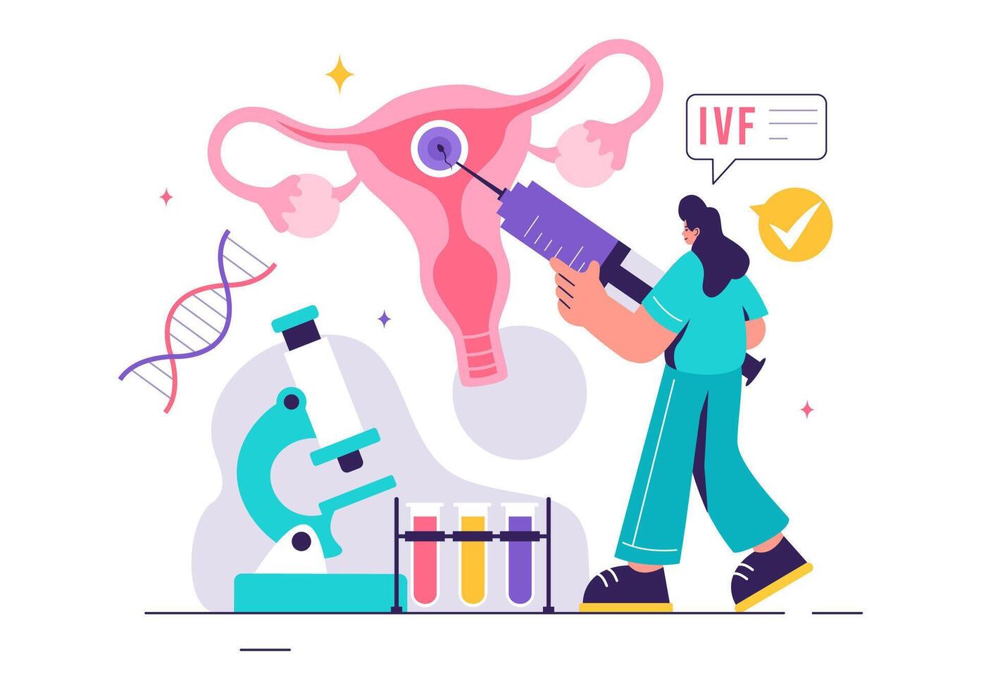 IVF or In Vitro Fertilization Vector Illustration for Artificial Insemination, Focusing on Pregnancy and Doctors' Research of Fertilized Eggs