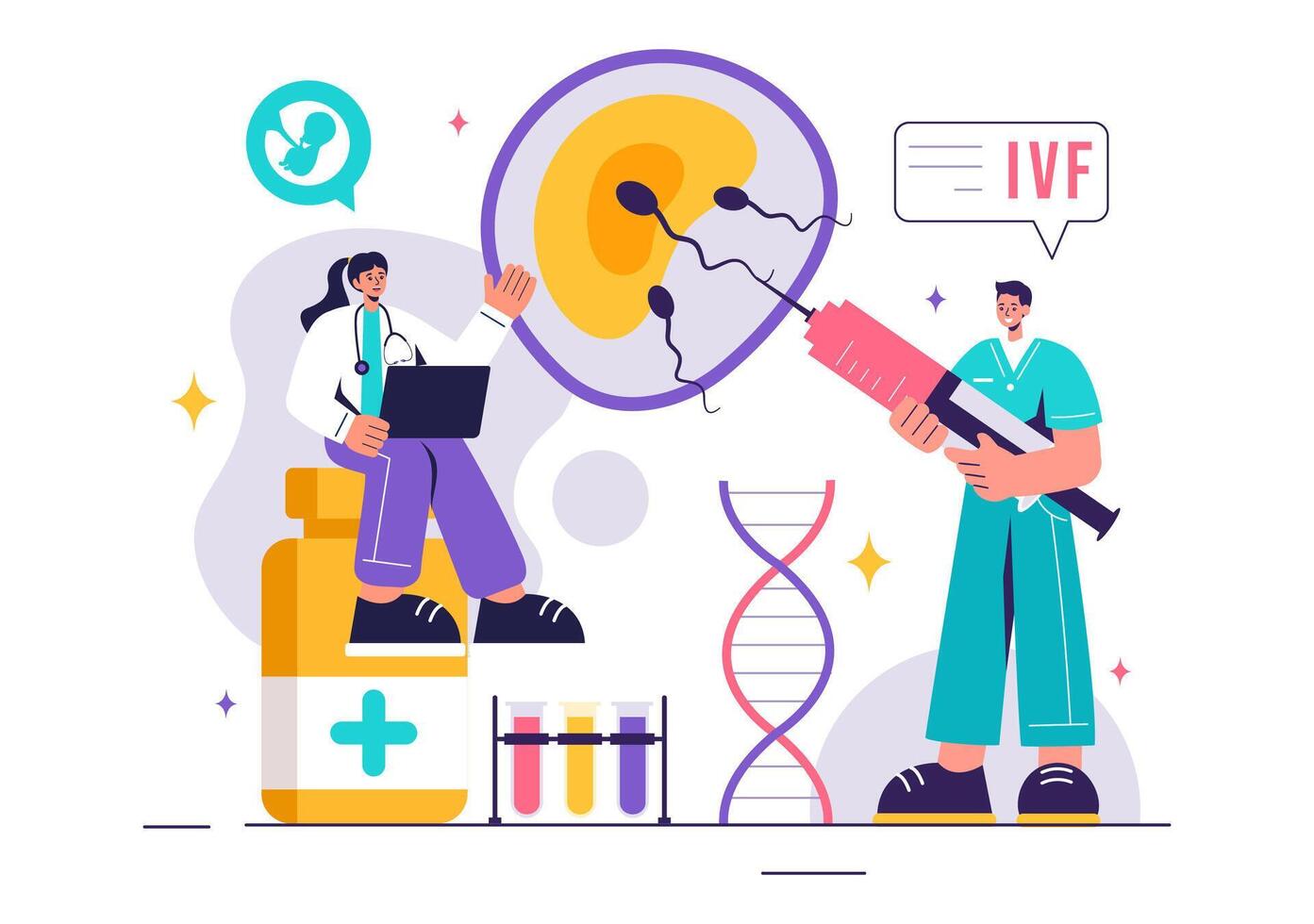 IVF or In Vitro Fertilization Vector Illustration for Artificial Insemination, Focusing on Pregnancy and Doctors' Research of Fertilized Eggs