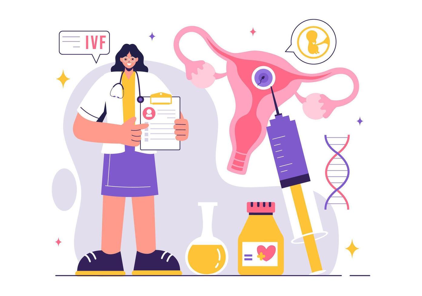 IVF or In Vitro Fertilization Vector Illustration for Artificial Insemination, Focusing on Pregnancy and Doctors' Research of Fertilized Eggs