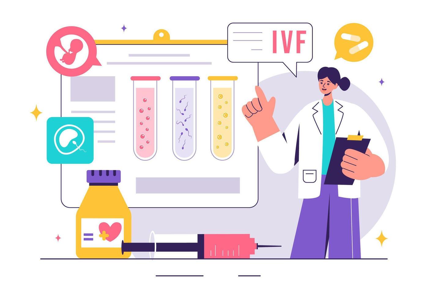 IVF or In Vitro Fertilization Vector Illustration for Artificial Insemination, Focusing on Pregnancy and Doctors' Research of Fertilized Eggs