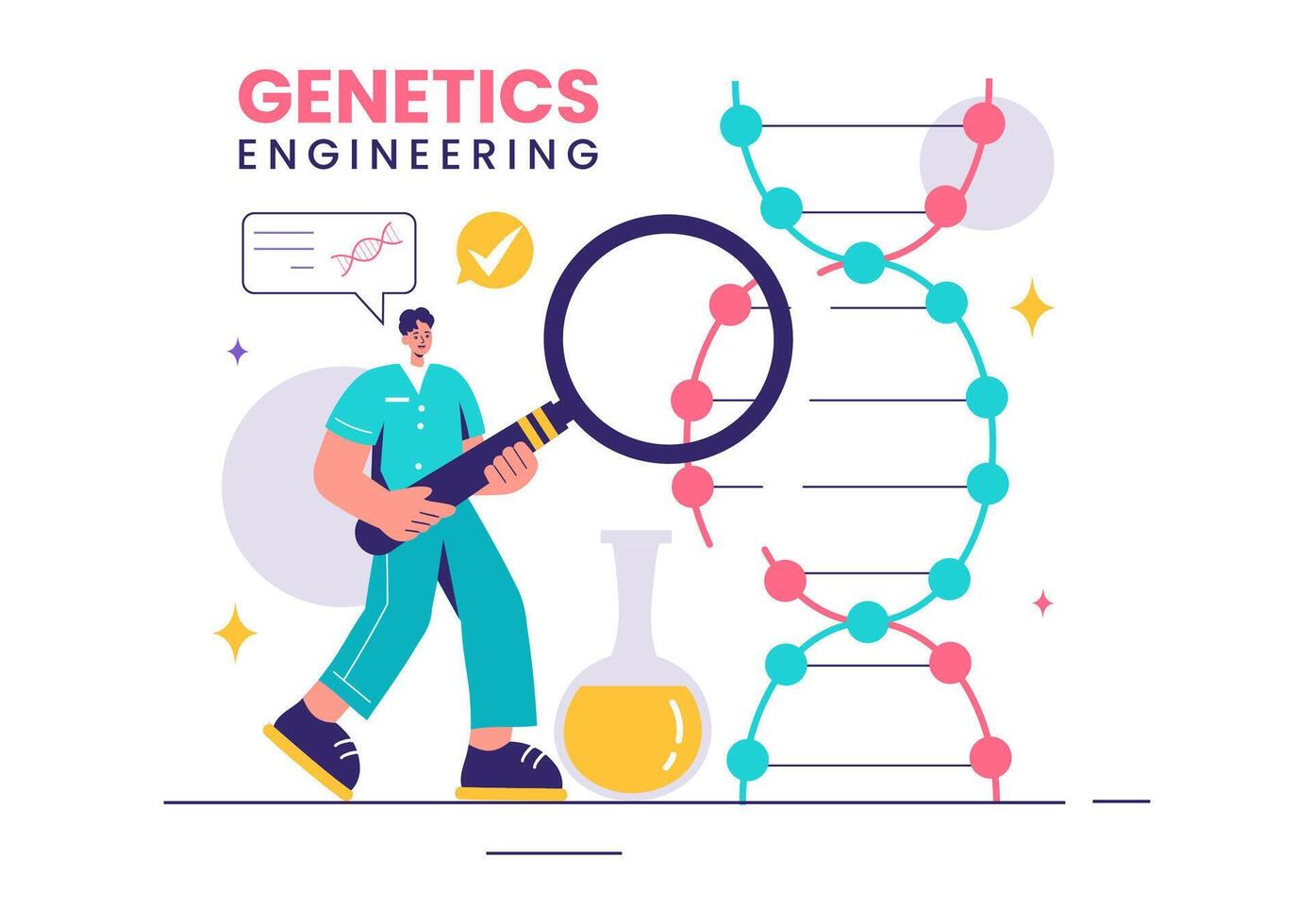 Vector Illustration of Genetic Engineering and DNA Modifications with Genetics Research or Experiment Scientists in a Flat Cartoon Style Background
