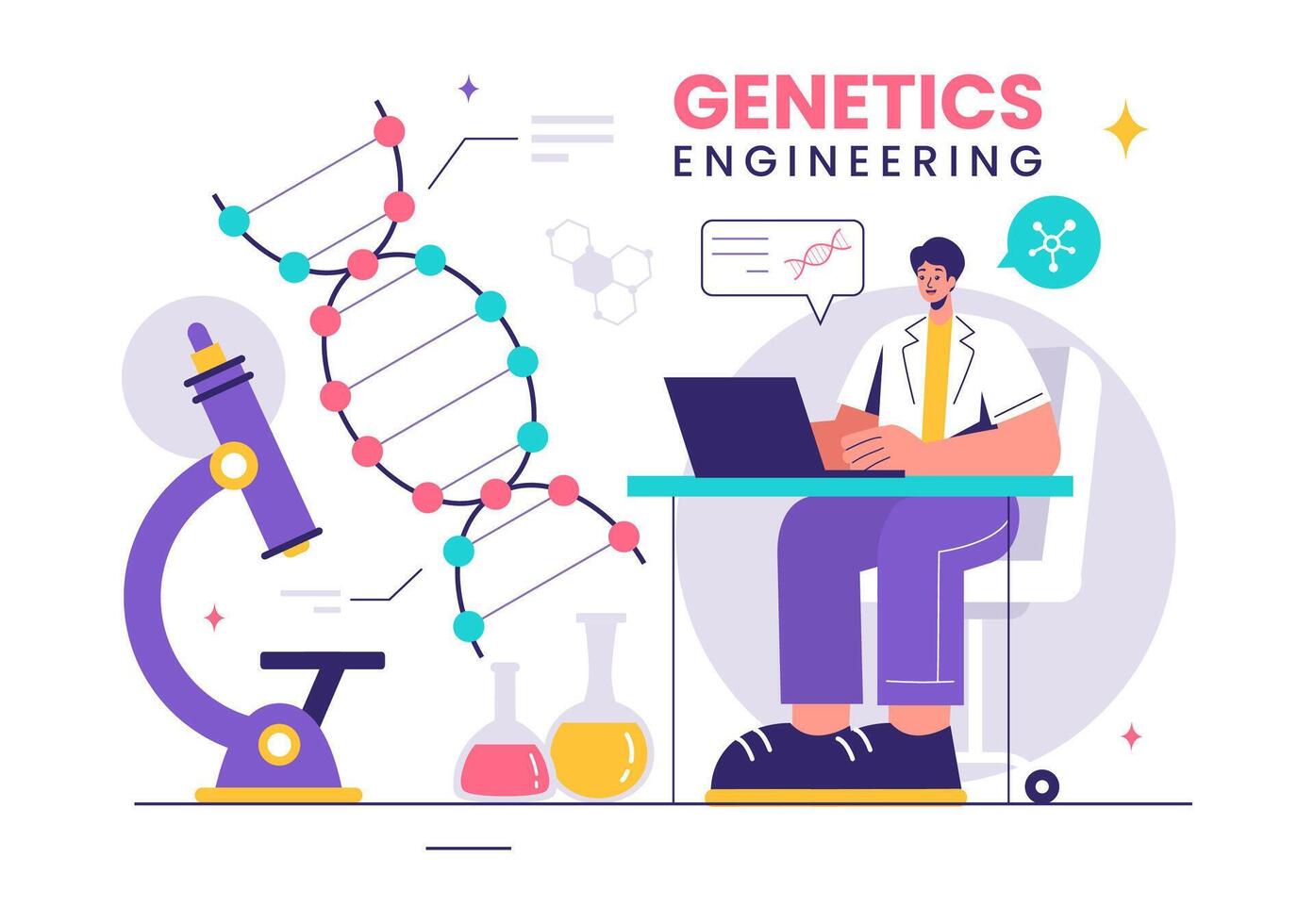 Vector Illustration of Genetic Engineering and DNA Modifications with Genetics Research or Experiment Scientists in a Flat Cartoon Style Background