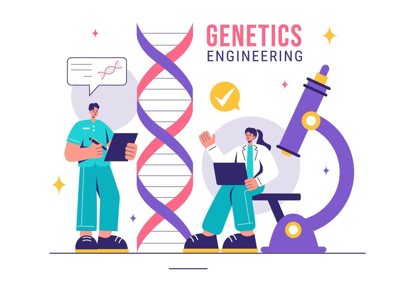 Vector Illustration of Genetic Engineering and DNA Modifications with Genetics Research or Experiment Scientists in a Flat Cartoon Style Background