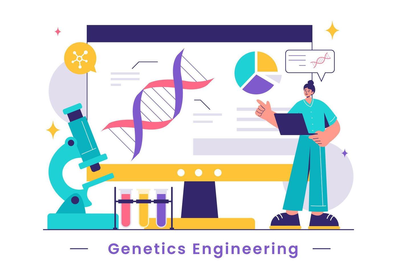 Vector Illustration of Genetic Engineering and DNA Modifications with Genetics Research or Experiment Scientists in a Flat Cartoon Style Background