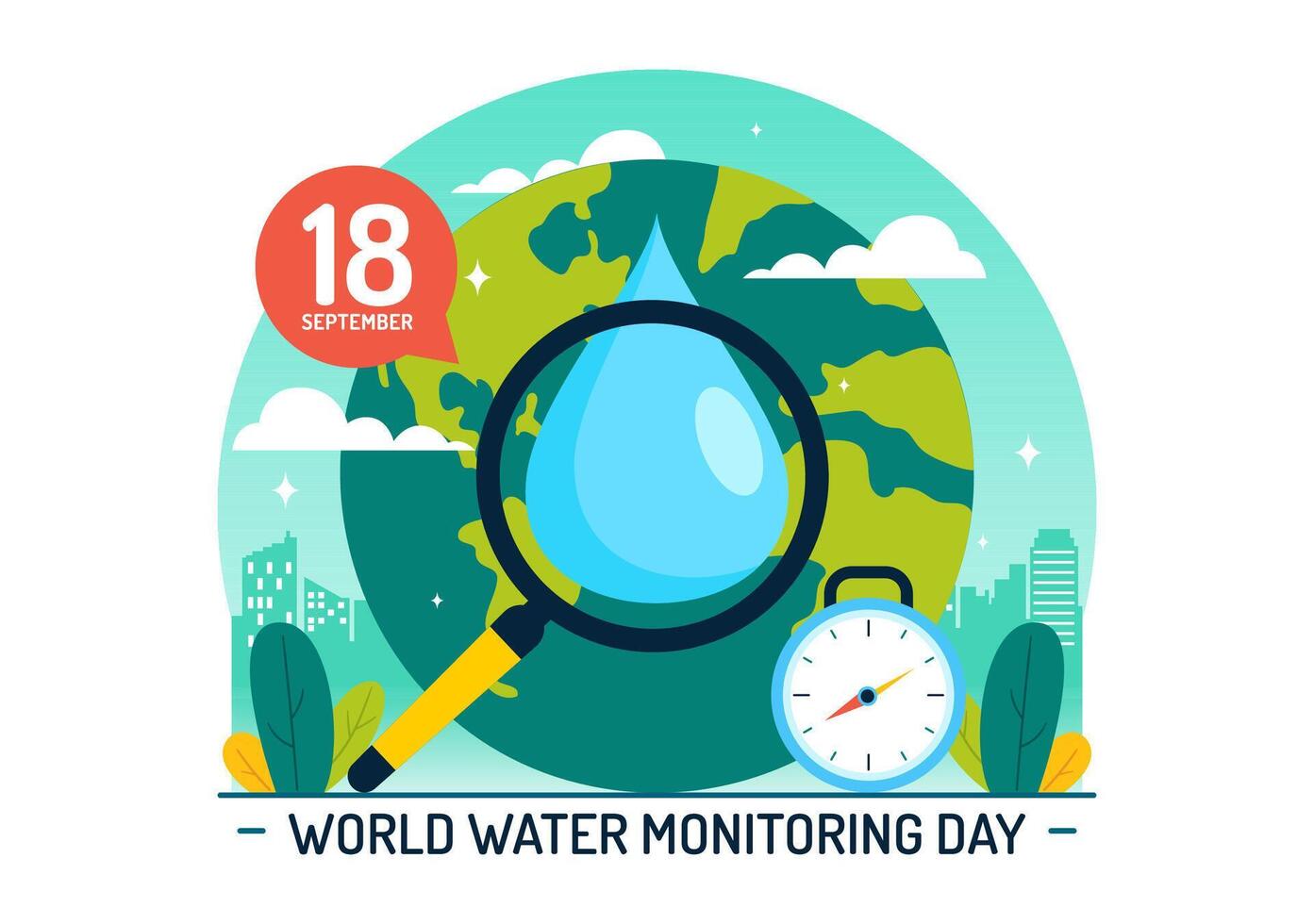 World Water Monitoring Day Vector Illustration on September 18 with Water Droplets and Earth in a Flat Style Cartoon Background
