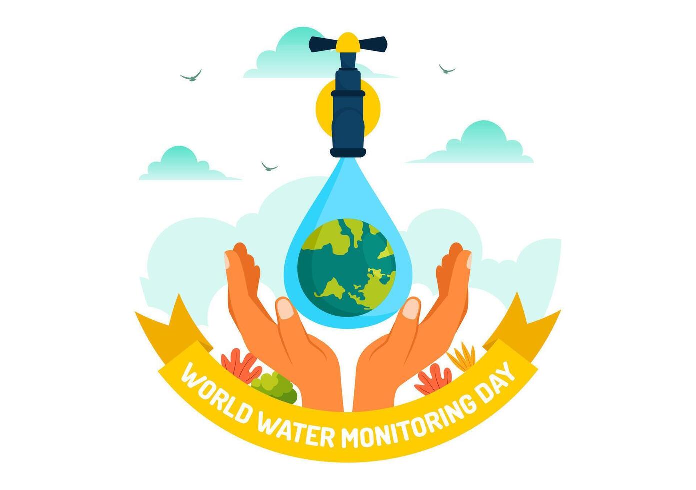 World Water Monitoring Day Vector Illustration on September 18 with Water Droplets and Earth in a Flat Style Cartoon Background