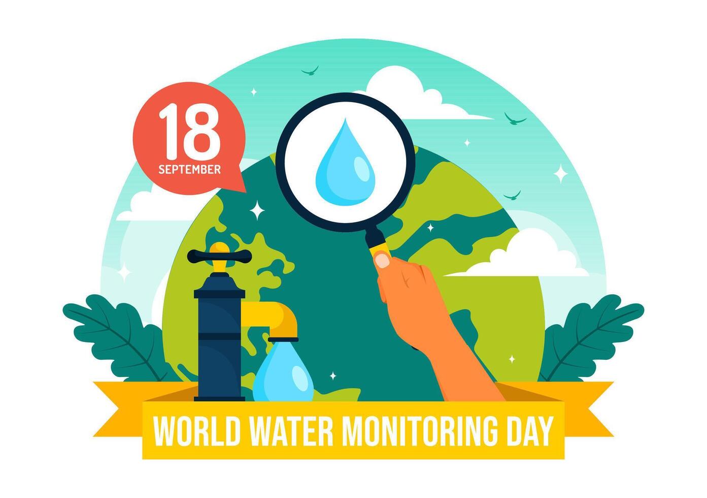 World Water Monitoring Day Vector Illustration on September 18 with Water Droplets and Earth in a Flat Style Cartoon Background