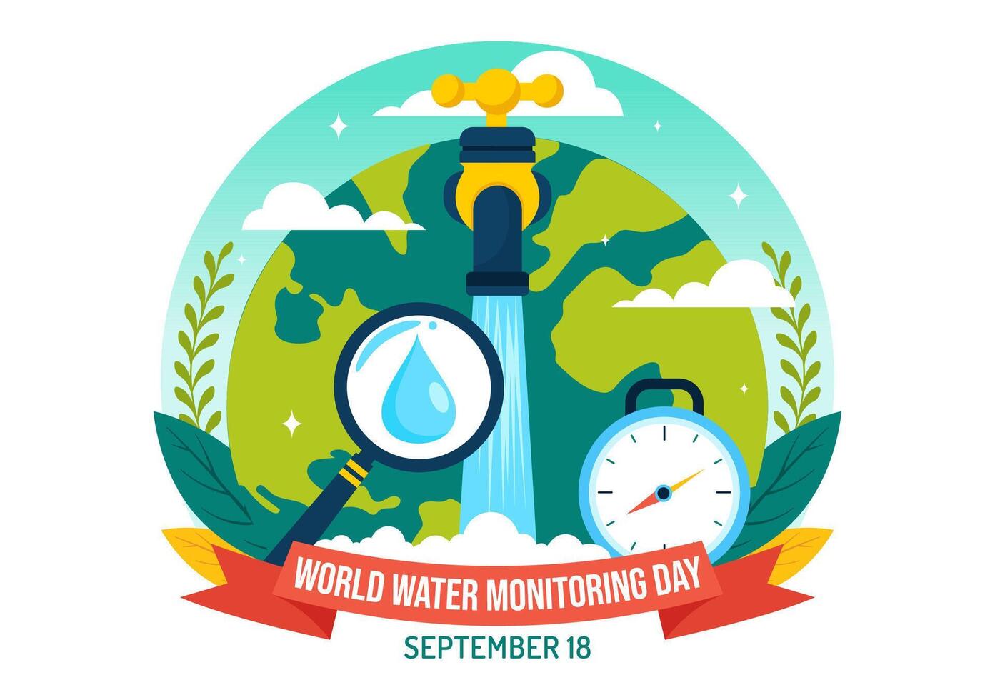World Water Monitoring Day Vector Illustration on September 18 with Water Droplets and Earth in a Flat Style Cartoon Background