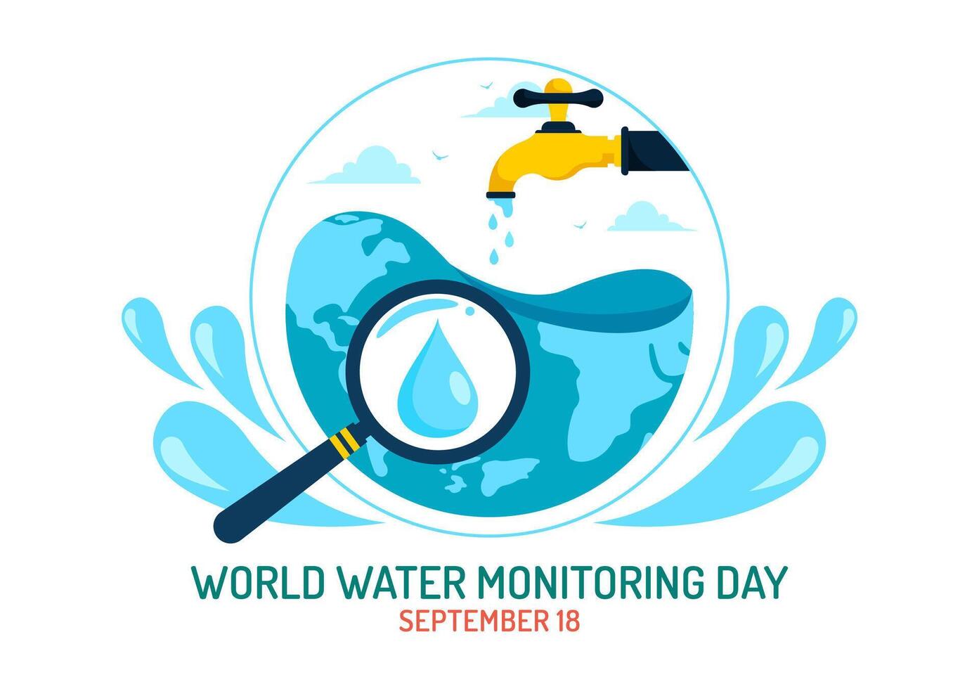 World Water Monitoring Day Vector Illustration on September 18 with Water Droplets and Earth in a Flat Style Cartoon Background