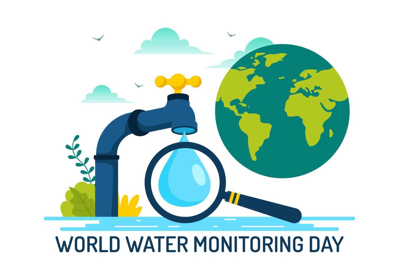 World Water Monitoring Day Vector Illustration on September 18 with Water Droplets and Earth in a Flat Style Cartoon Background