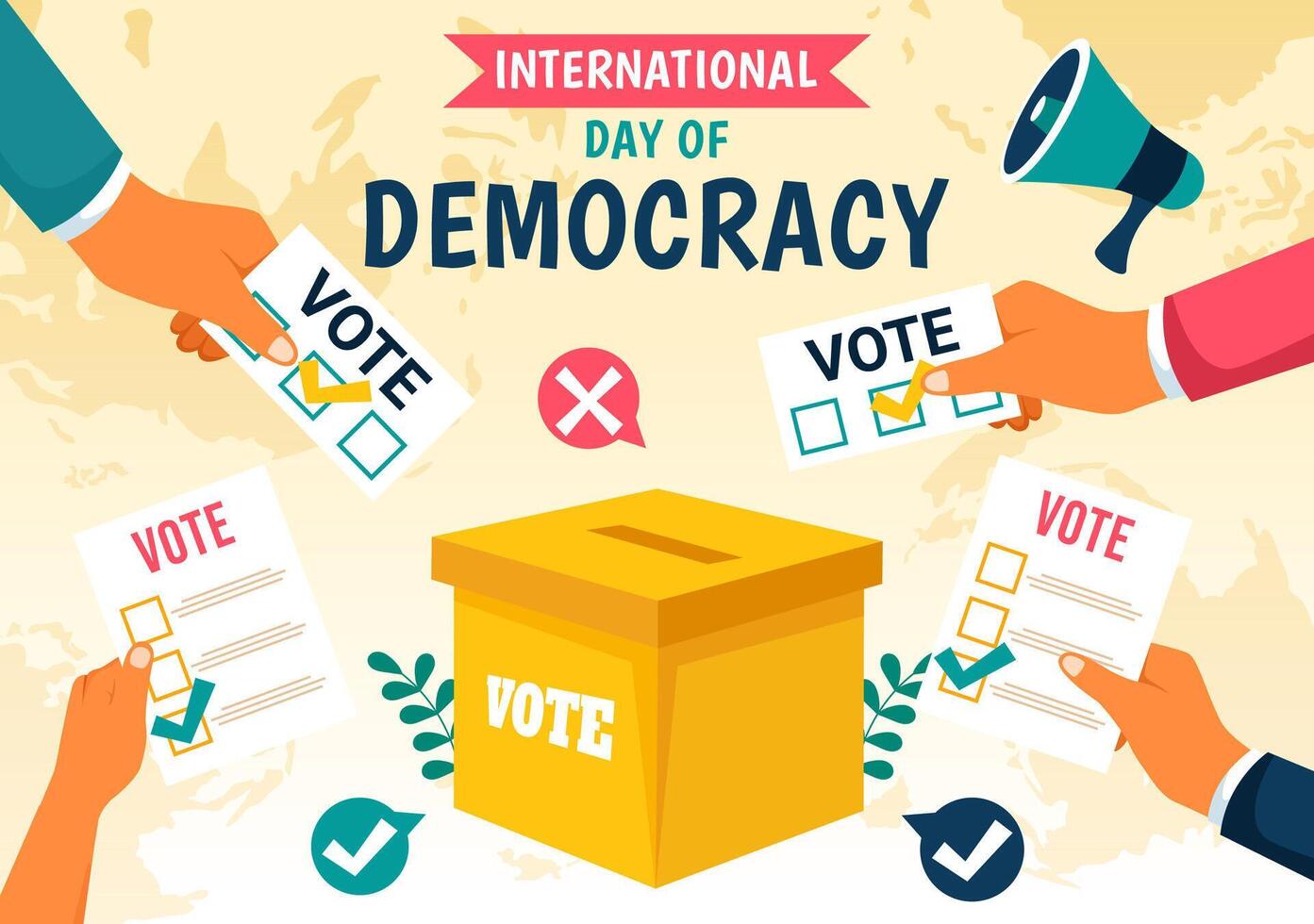 International Day of Democracy Vector Illustration on September 15 with Hands Holding Voting Papers for Resolution in a Flat Cartoon Style Background