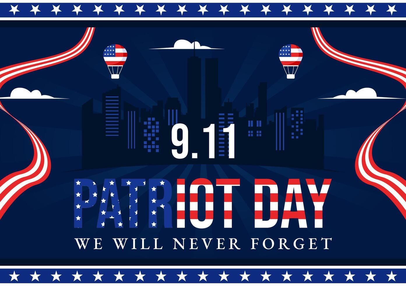 contento Estados Unidos patriota día ilustración presentando el unido estados bandera, 911 monumento, y nosotros será Nunca olvidar antecedentes en plano dibujos animados estilo vector