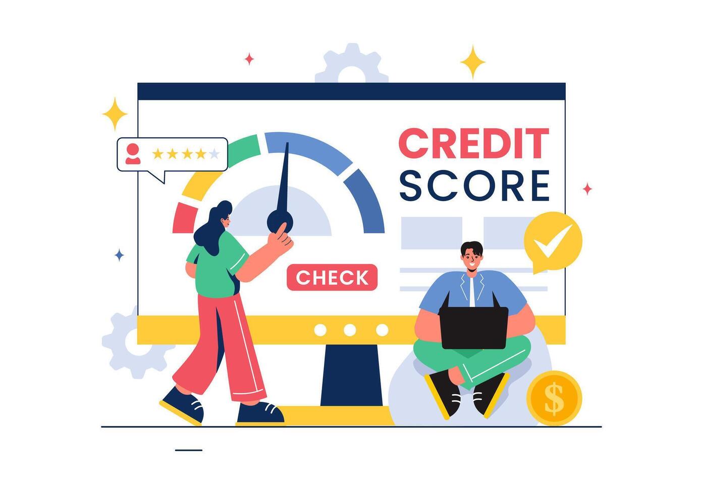 Credit Score Vector Illustration with Loan Arrow Gauge Speedometer Indicator Showing Ratings from Poor to Good in a Flat Cartoon Style Background