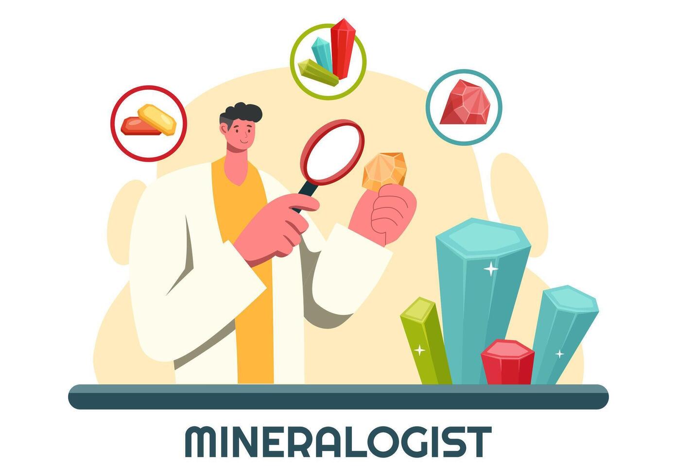Vector Illustration of a Mineralogist with Natural Stone and Mineral Structures for Jewelry or Chemical Reactions in a Flat Style Cartoon Background