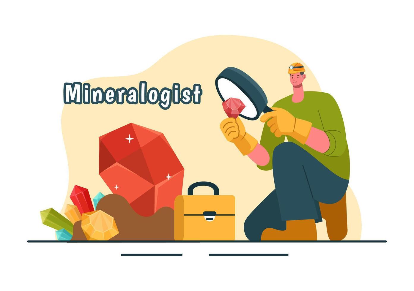 Vector Illustration of a Mineralogist with Natural Stone and Mineral Structures for Jewelry or Chemical Reactions in a Flat Style Cartoon Background