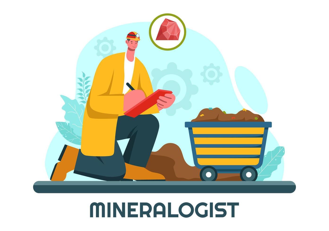 Vector Illustration of a Mineralogist with Natural Stone and Mineral Structures for Jewelry or Chemical Reactions in a Flat Style Cartoon Background