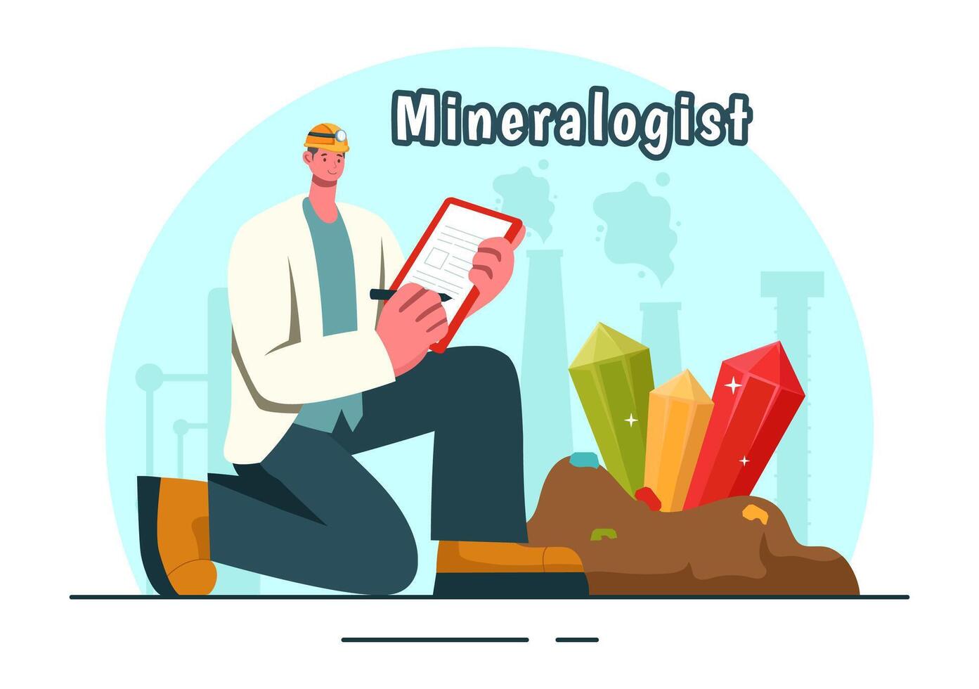 Vector Illustration of a Mineralogist with Natural Stone and Mineral Structures for Jewelry or Chemical Reactions in a Flat Style Cartoon Background