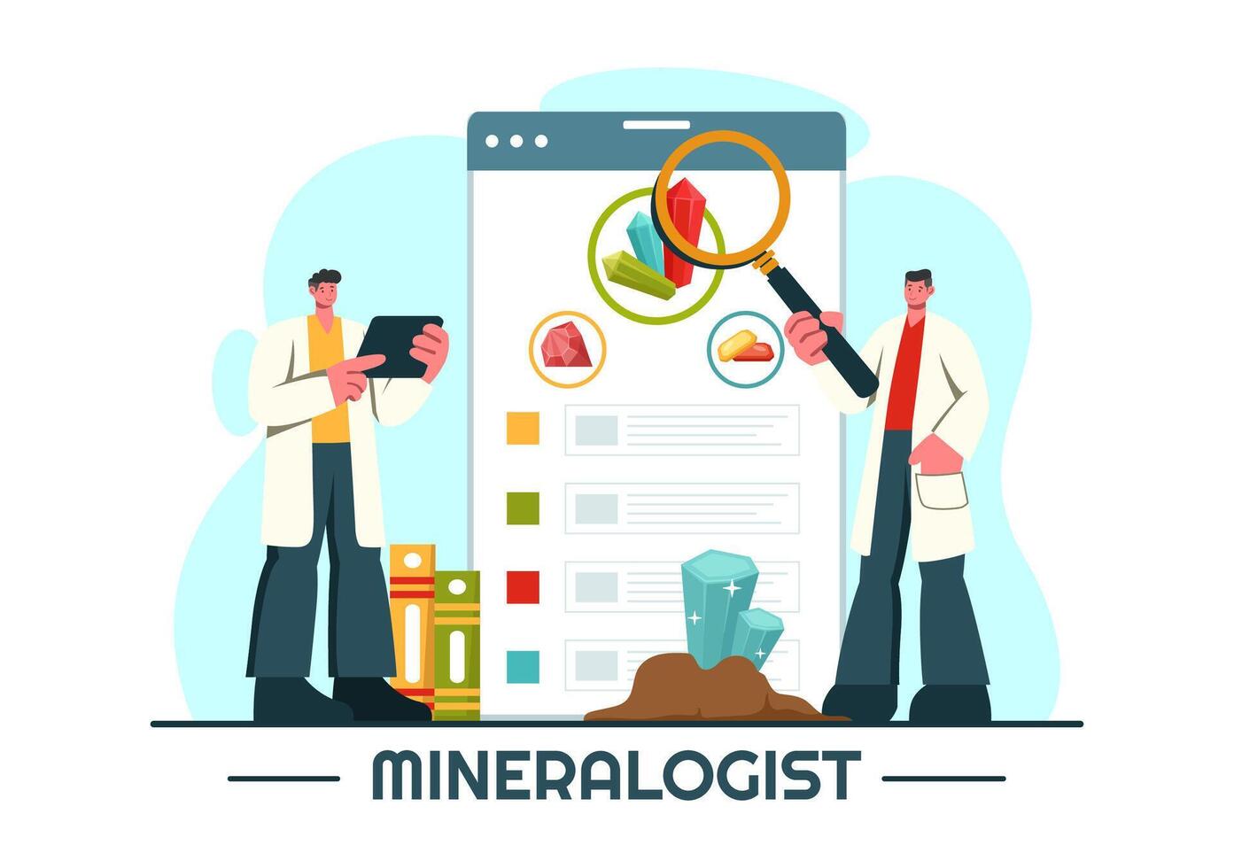 Vector Illustration of a Mineralogist with Natural Stone and Mineral Structures for Jewelry or Chemical Reactions in a Flat Style Cartoon Background
