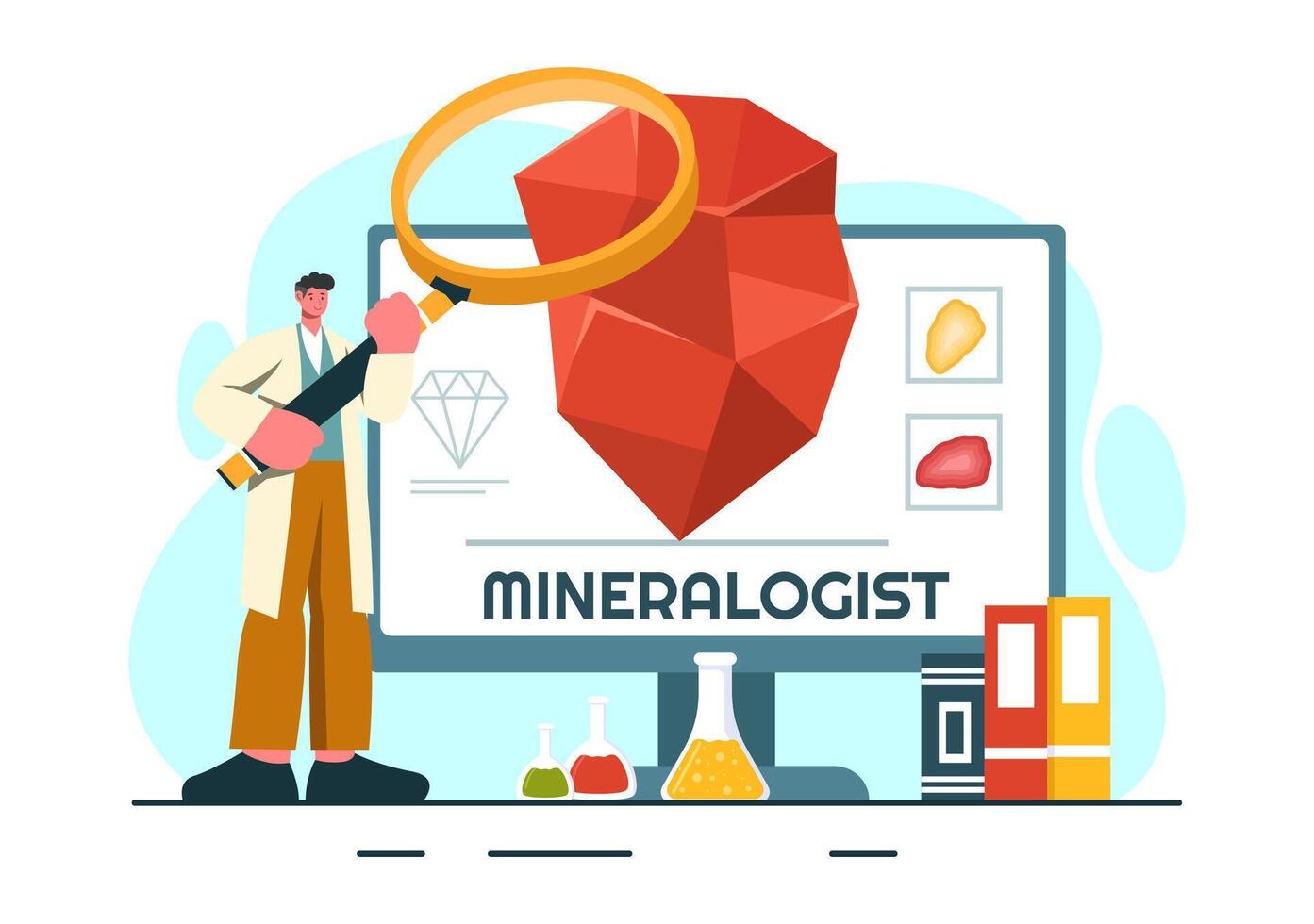 Vector Illustration of a Mineralogist with Natural Stone and Mineral Structures for Jewelry or Chemical Reactions in a Flat Style Cartoon Background