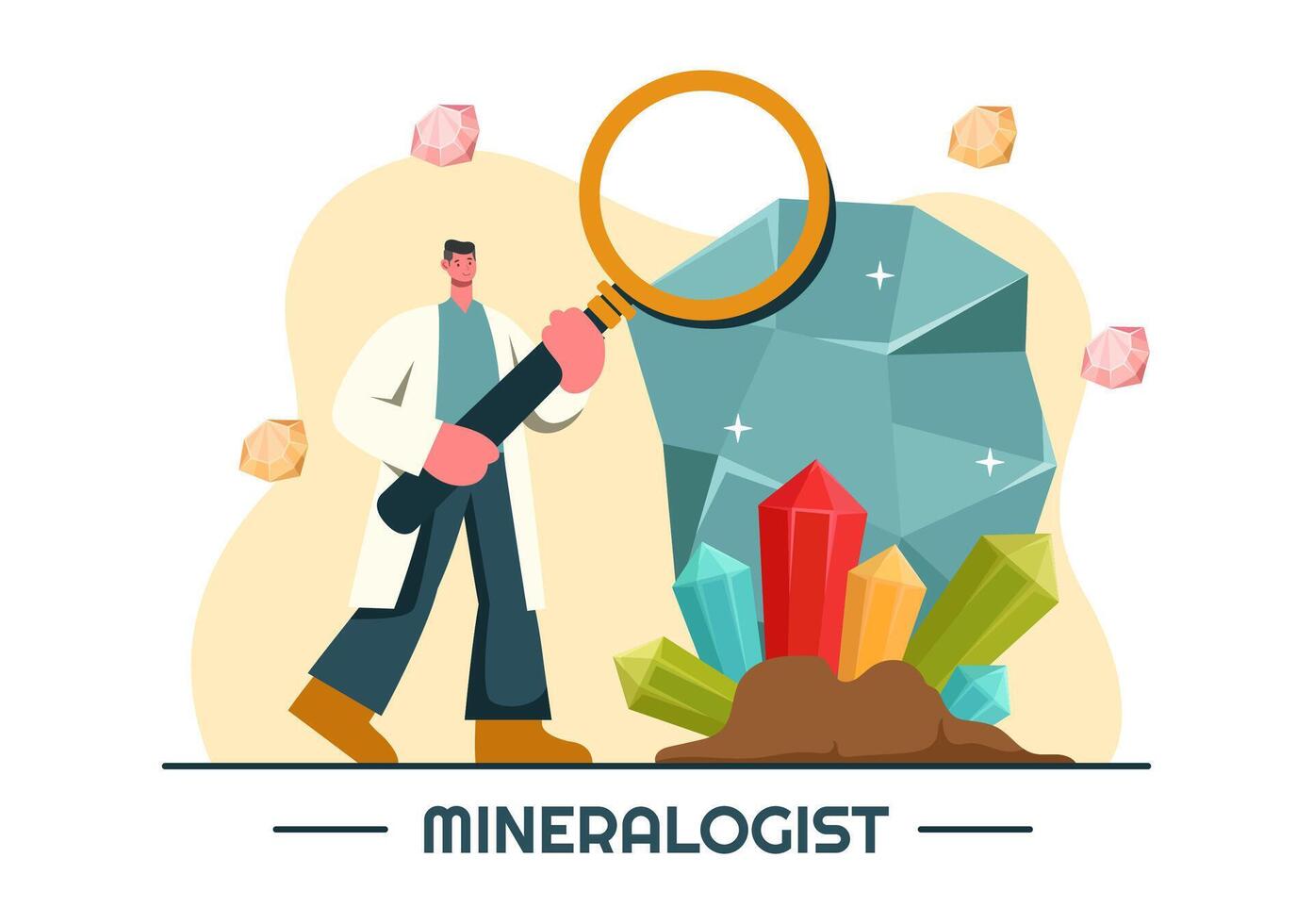 Vector Illustration of a Mineralogist with Natural Stone and Mineral Structures for Jewelry or Chemical Reactions in a Flat Style Cartoon Background