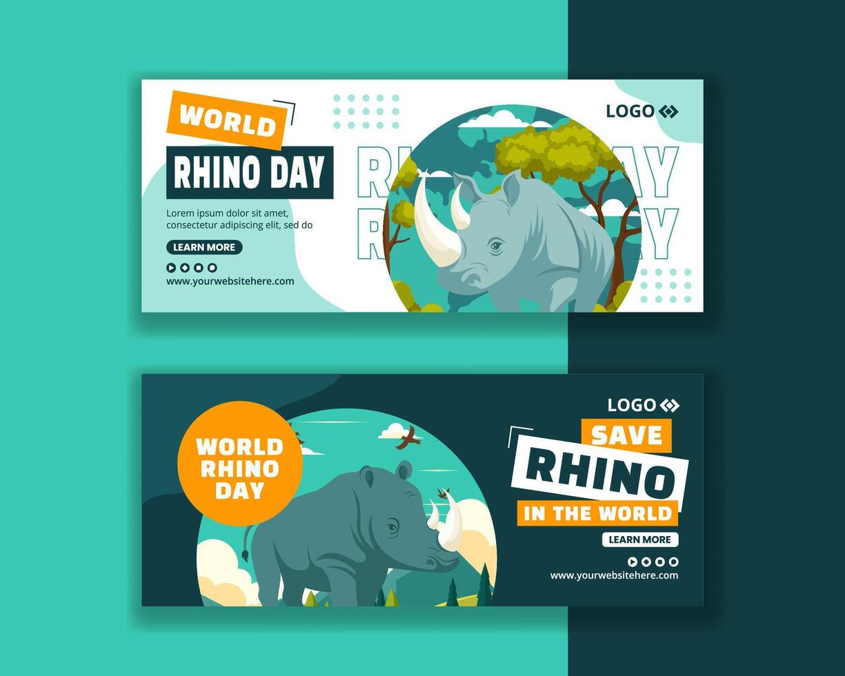 Rhino Day Horizontal Banner Flat Cartoon Hand Drawn Templates Background Illustration vector