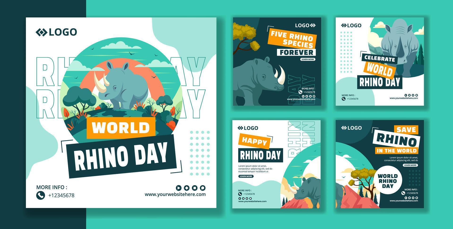 Rhino Day Social Media Post Flat Cartoon Hand Drawn Templates Background Illustration vector