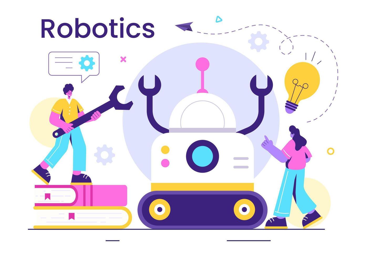 Robotics Vector Illustration of Artificial Intelligence Robots Communicating with Technology and Engineering, Featuring a Light Bulb and Gears