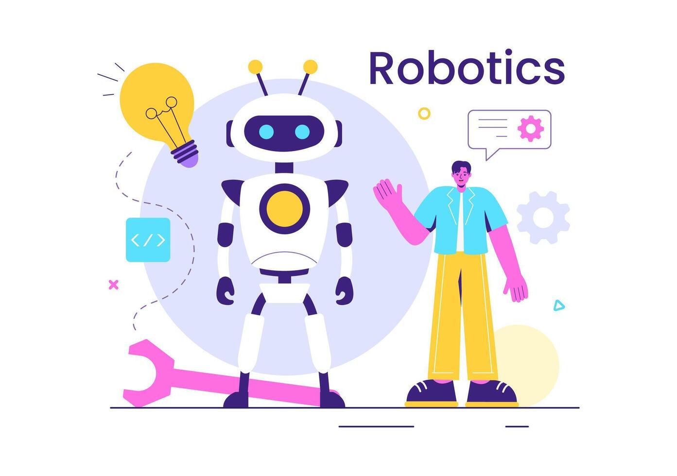 Robotics Vector Illustration of Artificial Intelligence Robots Communicating with Technology and Engineering, Featuring a Light Bulb and Gears