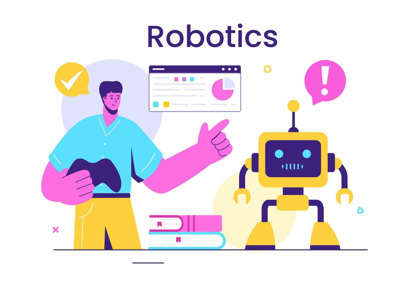 Robotics Vector Illustration of Artificial Intelligence Robots Communicating with Technology and Engineering, Featuring a Light Bulb and Gears