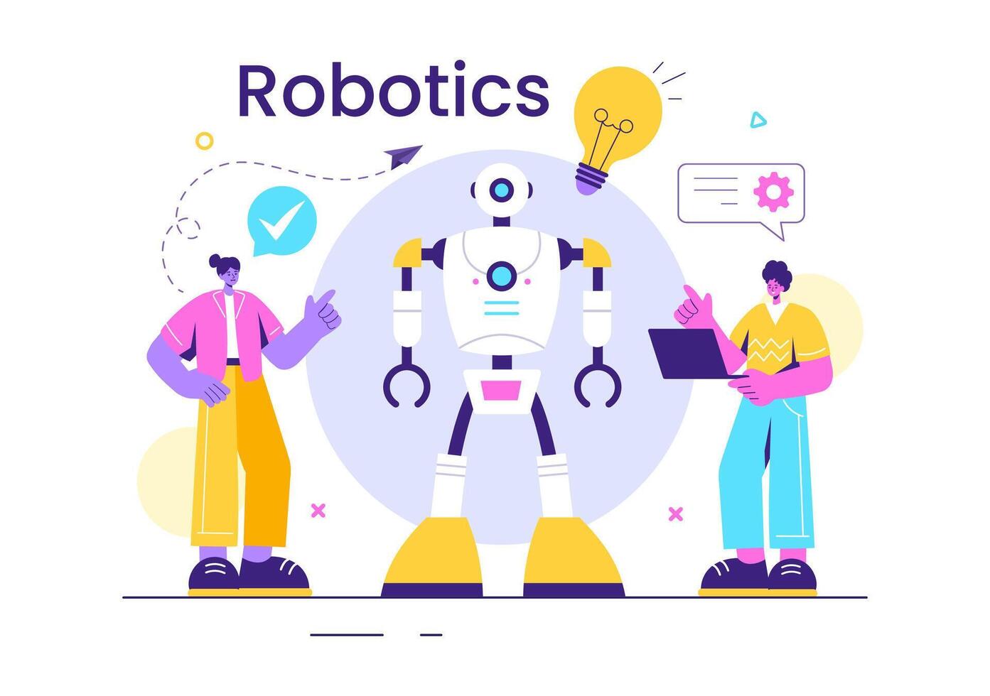 Robotics Vector Illustration of Artificial Intelligence Robots Communicating with Technology and Engineering, Featuring a Light Bulb and Gears