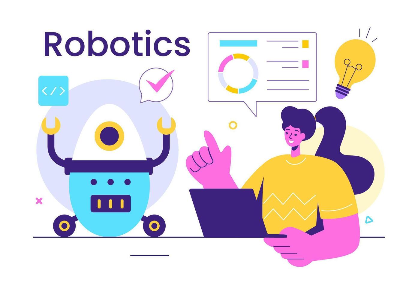 Robotics Vector Illustration of Artificial Intelligence Robots Communicating with Technology and Engineering, Featuring a Light Bulb and Gears