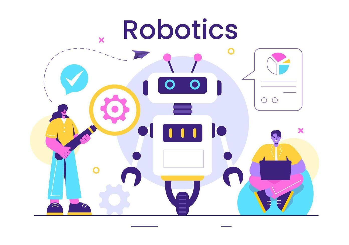 Robotics Vector Illustration of Artificial Intelligence Robots Communicating with Technology and Engineering, Featuring a Light Bulb and Gears