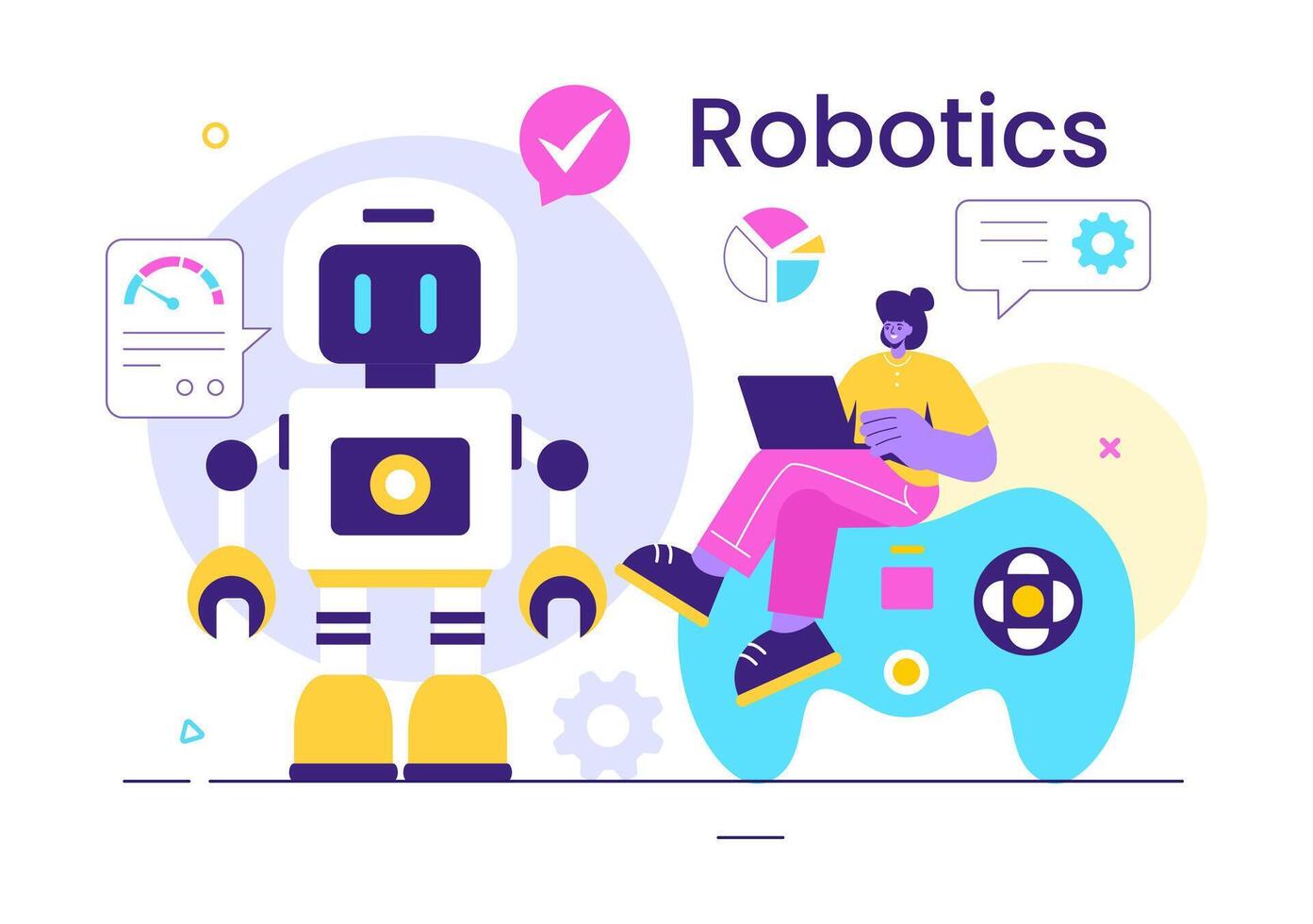 Robotics Vector Illustration of Artificial Intelligence Robots Communicating with Technology and Engineering, Featuring a Light Bulb and Gears