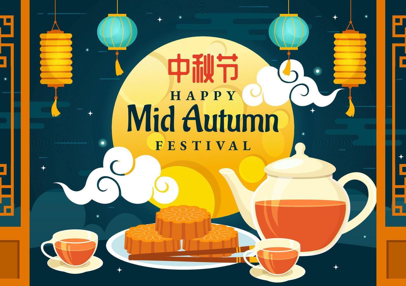 Happy Mid Autumn Festival Vector Illustration with Rabbits Carrying Lanterns and Mooncakes, Celebrating on the Night of the Full Moon in Background