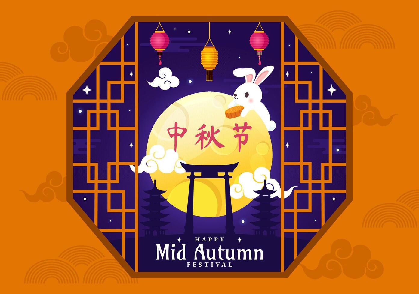 Happy Mid Autumn Festival Vector Illustration with Rabbits Carrying Lanterns and Mooncakes, Celebrating on the Night of the Full Moon in Background