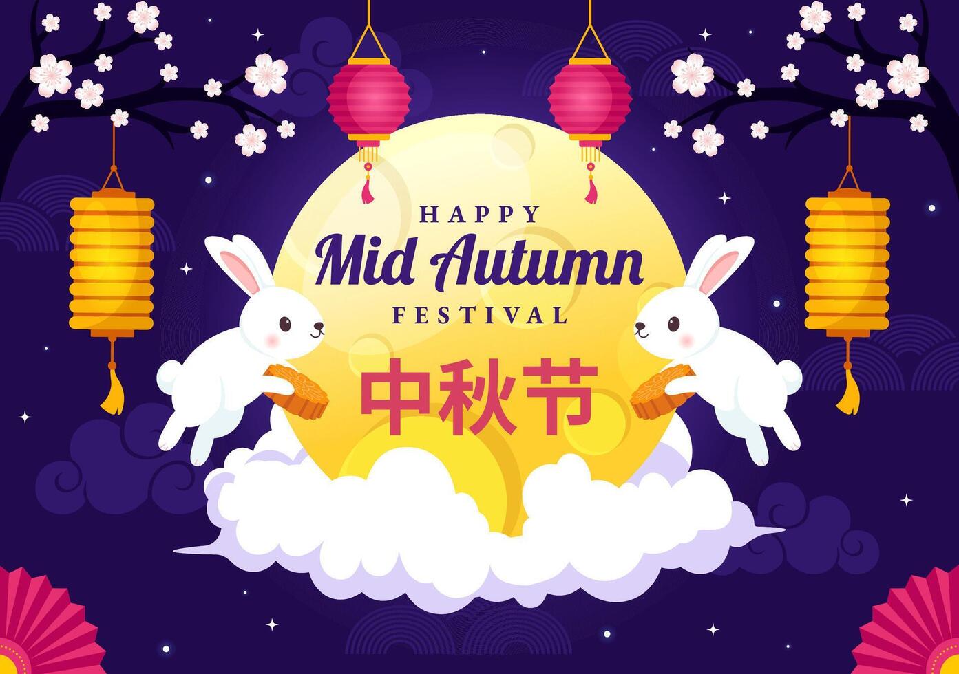 Happy Mid Autumn Festival Vector Illustration with Rabbits Carrying Lanterns and Mooncakes, Celebrating on the Night of the Full Moon in Background