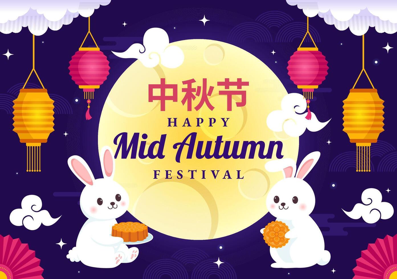 Happy Mid Autumn Festival Vector Illustration with Rabbits Carrying Lanterns and Mooncakes, Celebrating on the Night of the Full Moon in Background