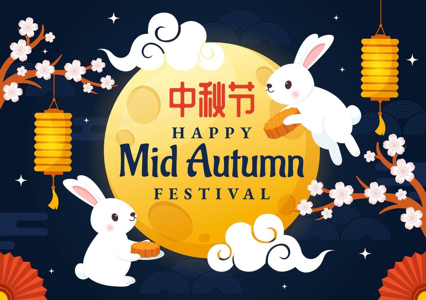 Happy Mid Autumn Festival Vector Illustration with Rabbits Carrying Lanterns and Mooncakes, Celebrating on the Night of the Full Moon in Background