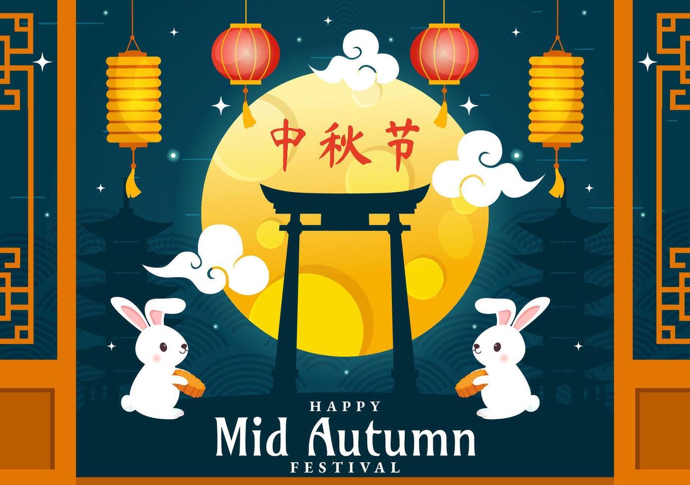 Happy Mid Autumn Festival Vector Illustration with Rabbits Carrying Lanterns and Mooncakes, Celebrating on the Night of the Full Moon in Background