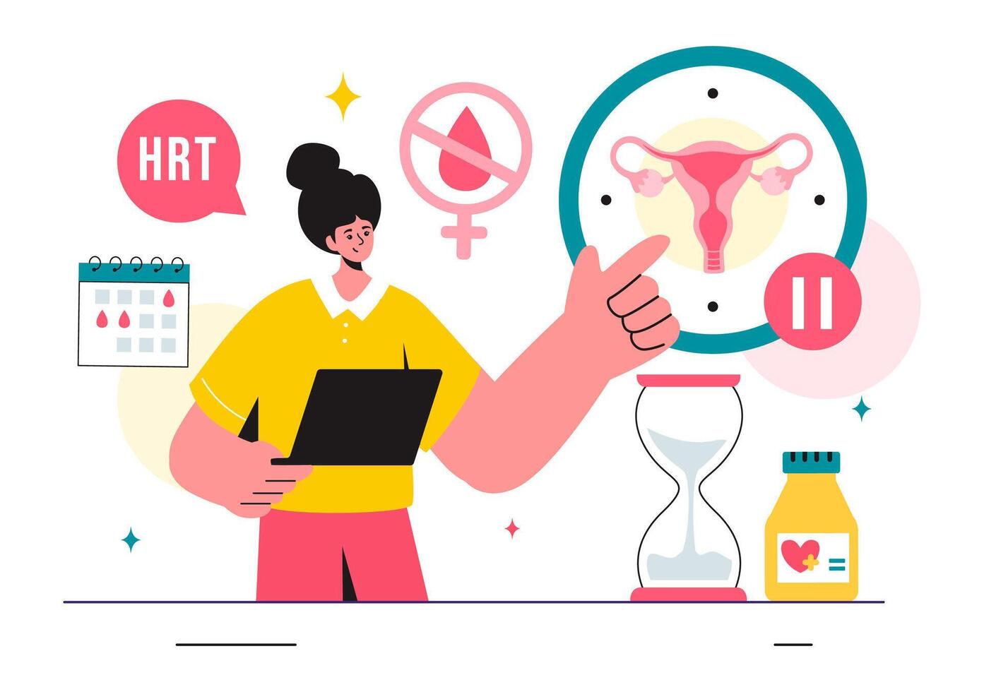 HRT or Hormone Replacement Therapy Acronym Vector Illustration with Treatment and Hormone Medication in a Healthcare Flat Cartoon Background
