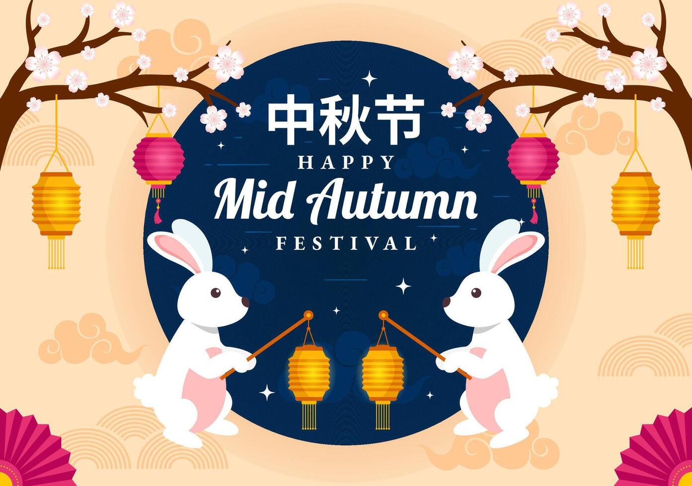 Happy Mid Autumn Festival Vector Illustration with Rabbits Carrying Lanterns and Mooncakes, Celebrating on the Night of the Full Moon in Background