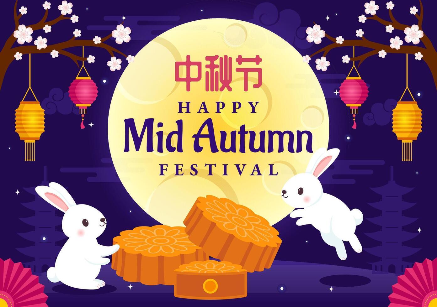 Happy Mid Autumn Festival Vector Illustration with Rabbits Carrying Lanterns and Mooncakes, Celebrating on the Night of the Full Moon in Background
