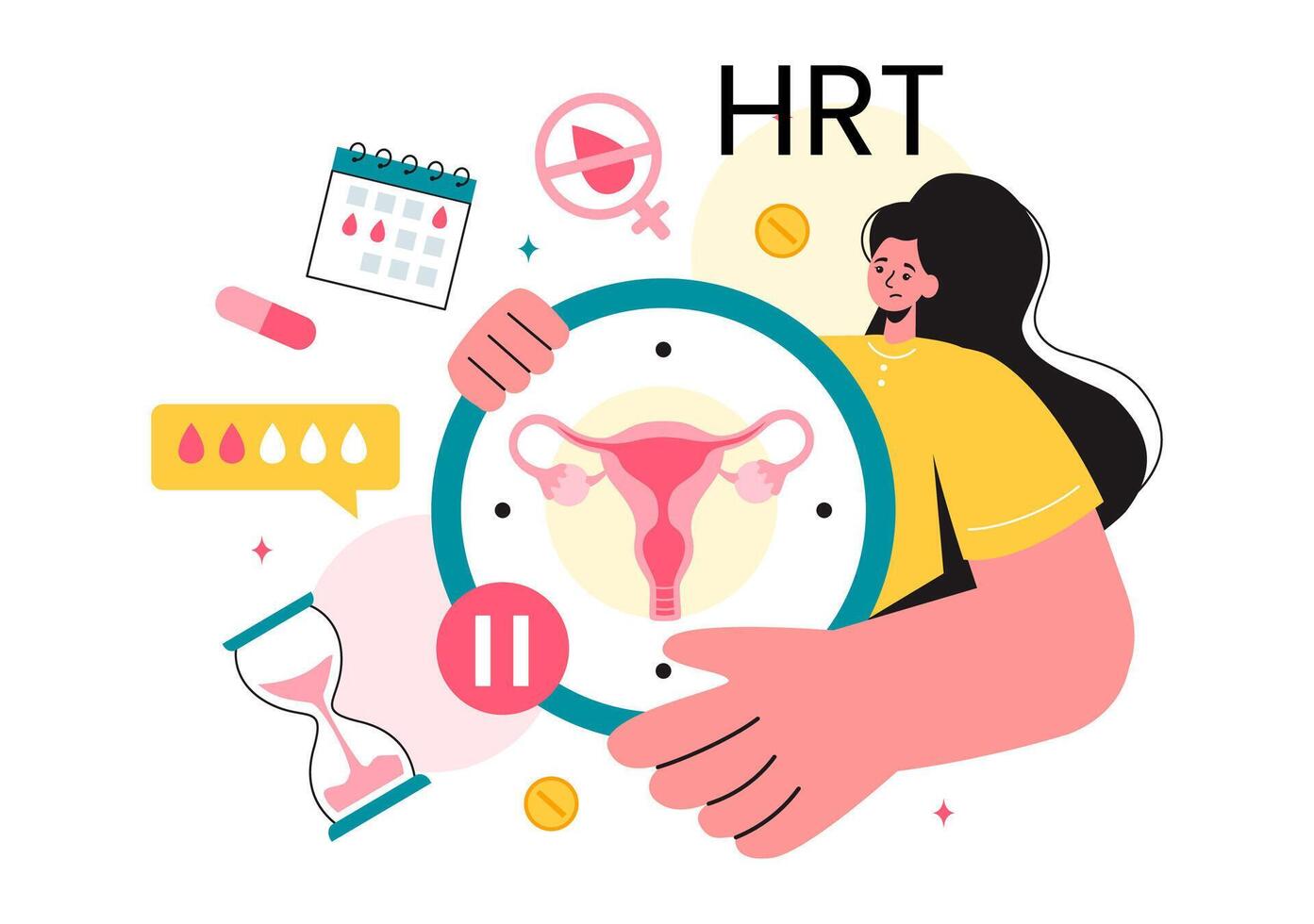 HRT or Hormone Replacement Therapy Acronym Vector Illustration with Treatment and Hormone Medication in a Healthcare Flat Cartoon Background