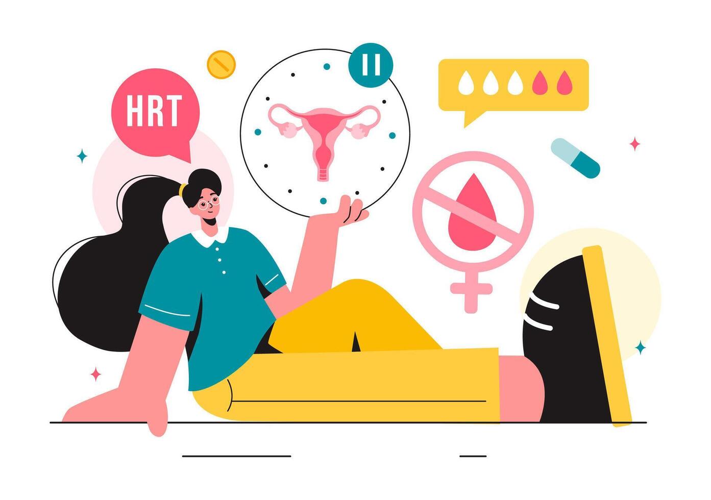 HRT or Hormone Replacement Therapy Acronym Vector Illustration with Treatment and Hormone Medication in a Healthcare Flat Cartoon Background