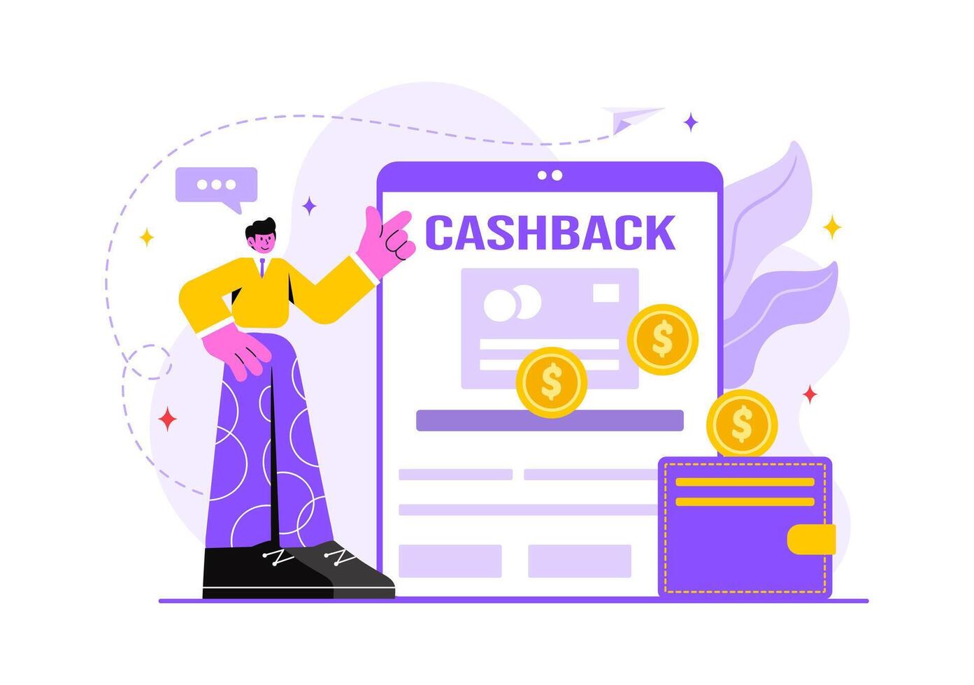 Cashback Vector Illustration with Financial Payment to Money Cashback Service for a Buyer on a Flat Cartoon Style Background