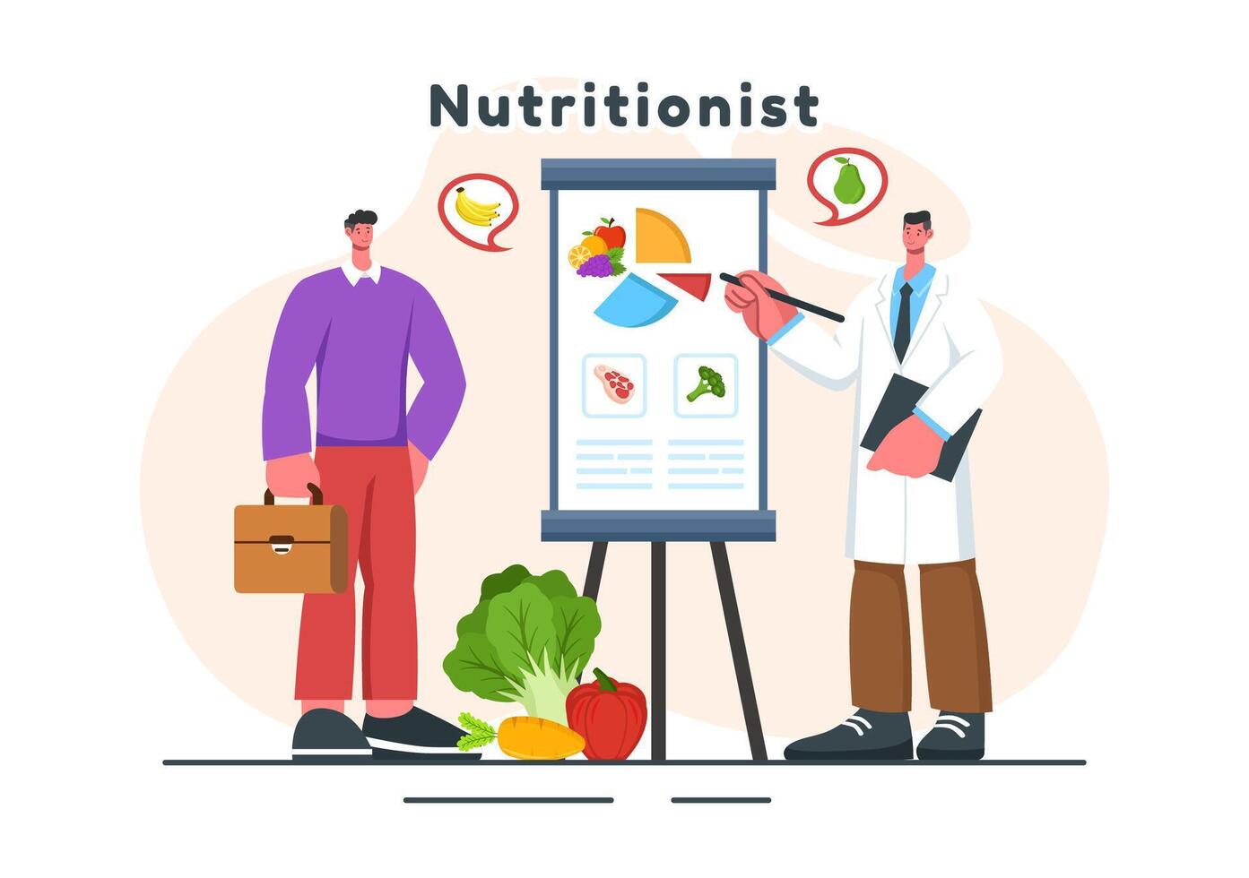 Vector Illustration of a Nutritionist Conducting a Nutritional Examination of Food, including Dietary Supplements, such as Fresh Fruits and Vegetables