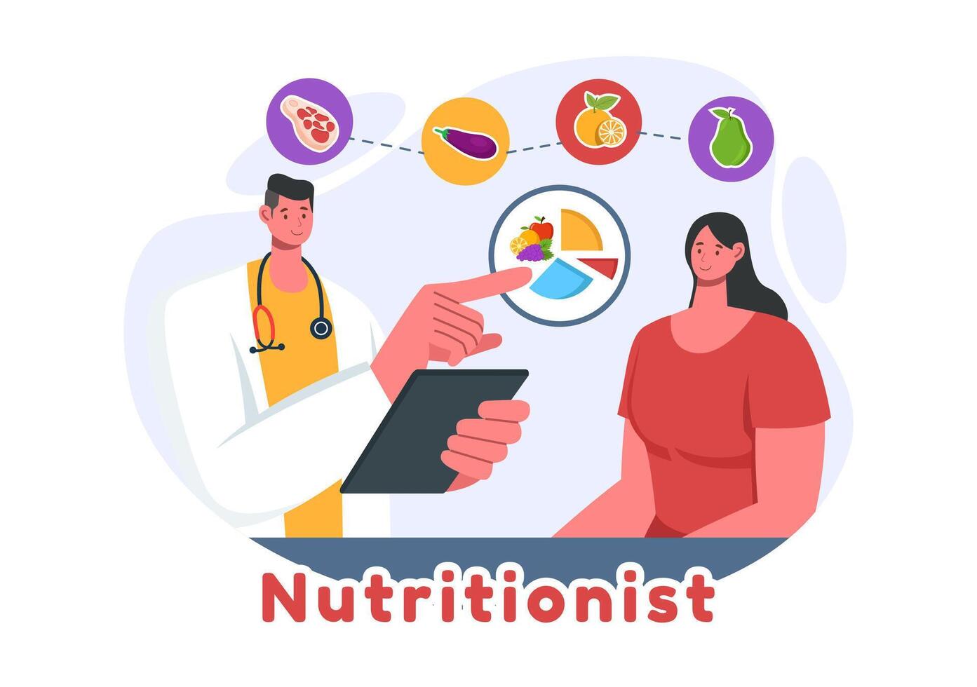 Vector Illustration of a Nutritionist Conducting a Nutritional Examination of Food, including Dietary Supplements, such as Fresh Fruits and Vegetables