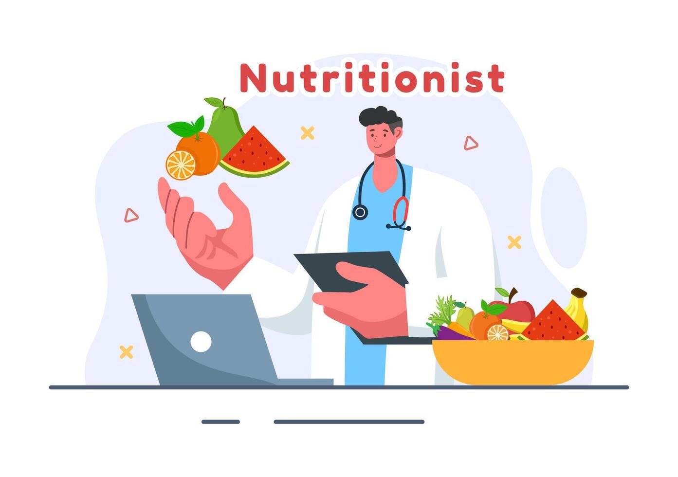 Vector Illustration of a Nutritionist Conducting a Nutritional Examination of Food, including Dietary Supplements, such as Fresh Fruits and Vegetables